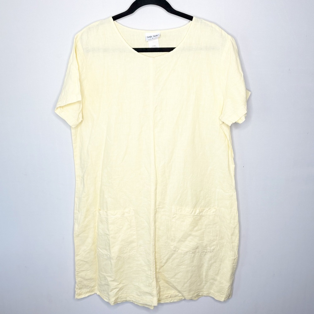 Cotton Studio Pastel Yellow Linen Cotton Shift Dress Size L Short Sleeve Pockets